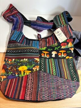 Boho Patchwork Mushroom Tote Bag Multicolor Tribal Stripe Patchwork New Tags